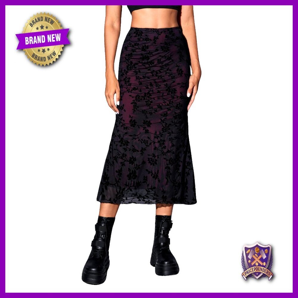 High Waisted Mesh Bodycon Skirt Fishtail Hem Lettuce Edge Size S